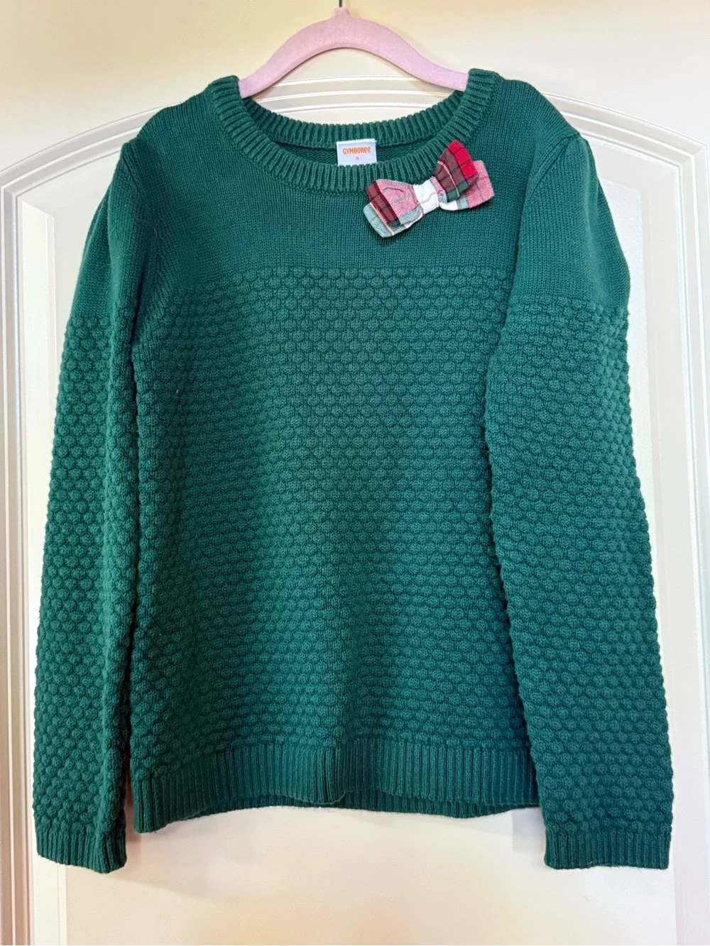 Gymboree Girls Sz 8 Cotton Dark Green Knit Crewneck Sweater,Plaid Bow Accent